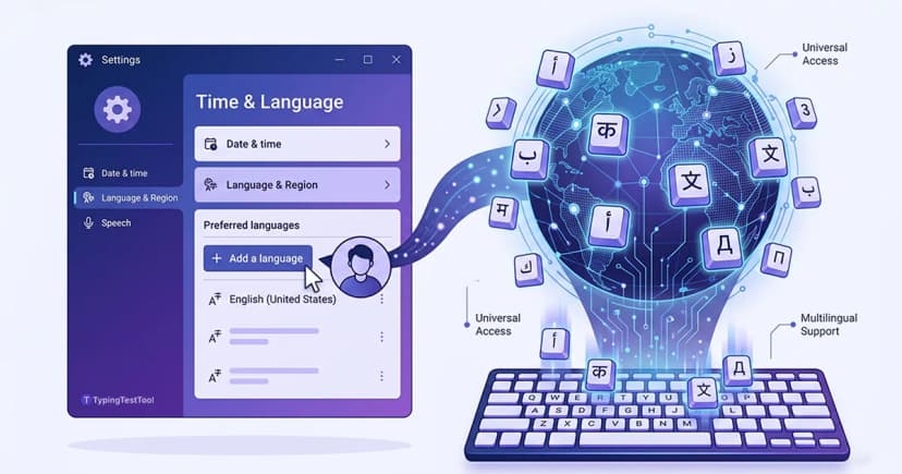 A clean modern vector illustration showing the Windows Time & Language settings menu alongside a stylized globe with floating keyboard keys in different scripts (Arabic, Hindi, Chinese, Cyrillic), blue and purple tech theme