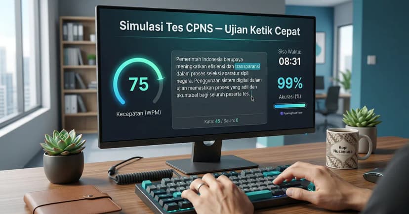 SIVT typing test simulation for SKB Kemenkumham preparation, showing 75 WPM speed and 99% accuracy in Indonesian